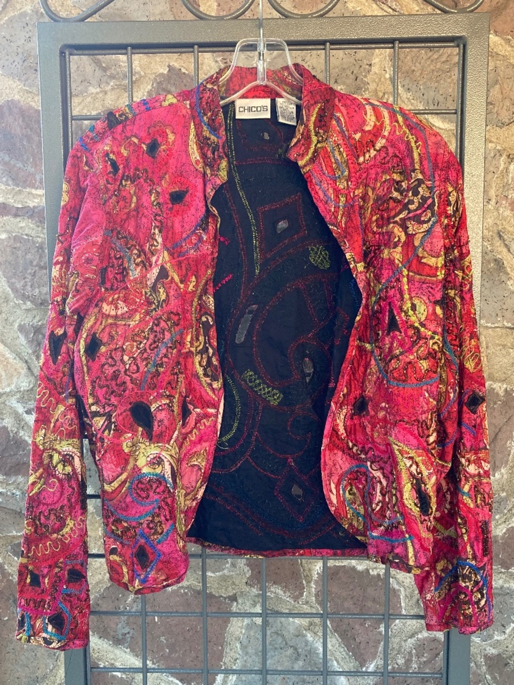 Chico's Art to Wear Silk Patchwork Burnout Jacket Blazer Women's Size 0